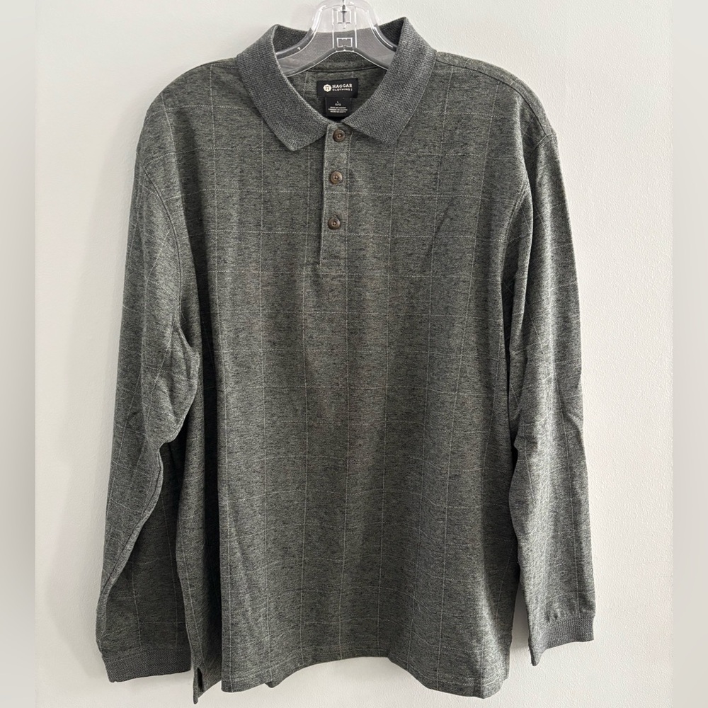 Haggar Men Green Long Sleeve Pullover Buttons Collar Business Casual Classic L